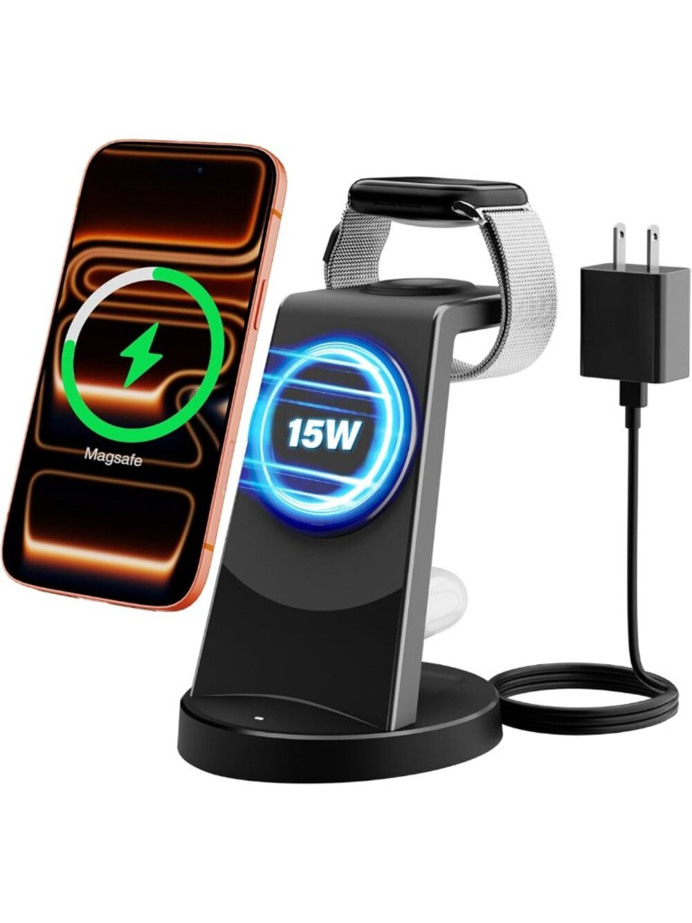 3-in-1 Magnetic Wireless Charging Station, 15W Fast Charger for iPhone